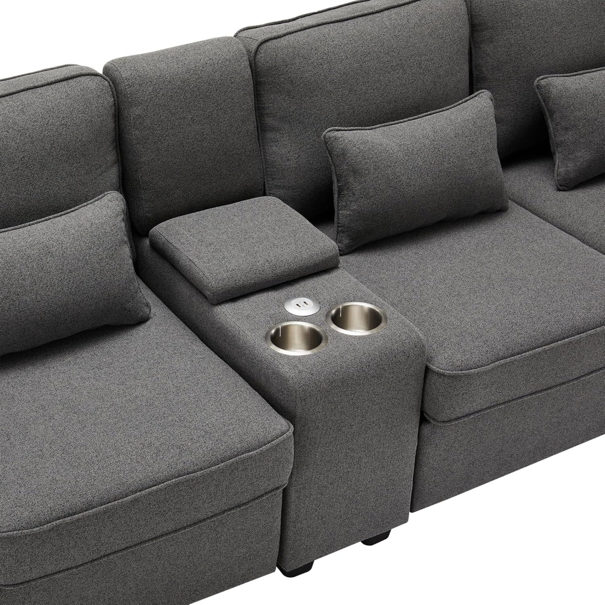 Sofá moderno de 4 plazas, en tejido de lino, soporte para bebidas, 2 puertos de carga USB con cable, bolsillos en reposabrazos y 4 cojines, sofá sencillo para sala de estar