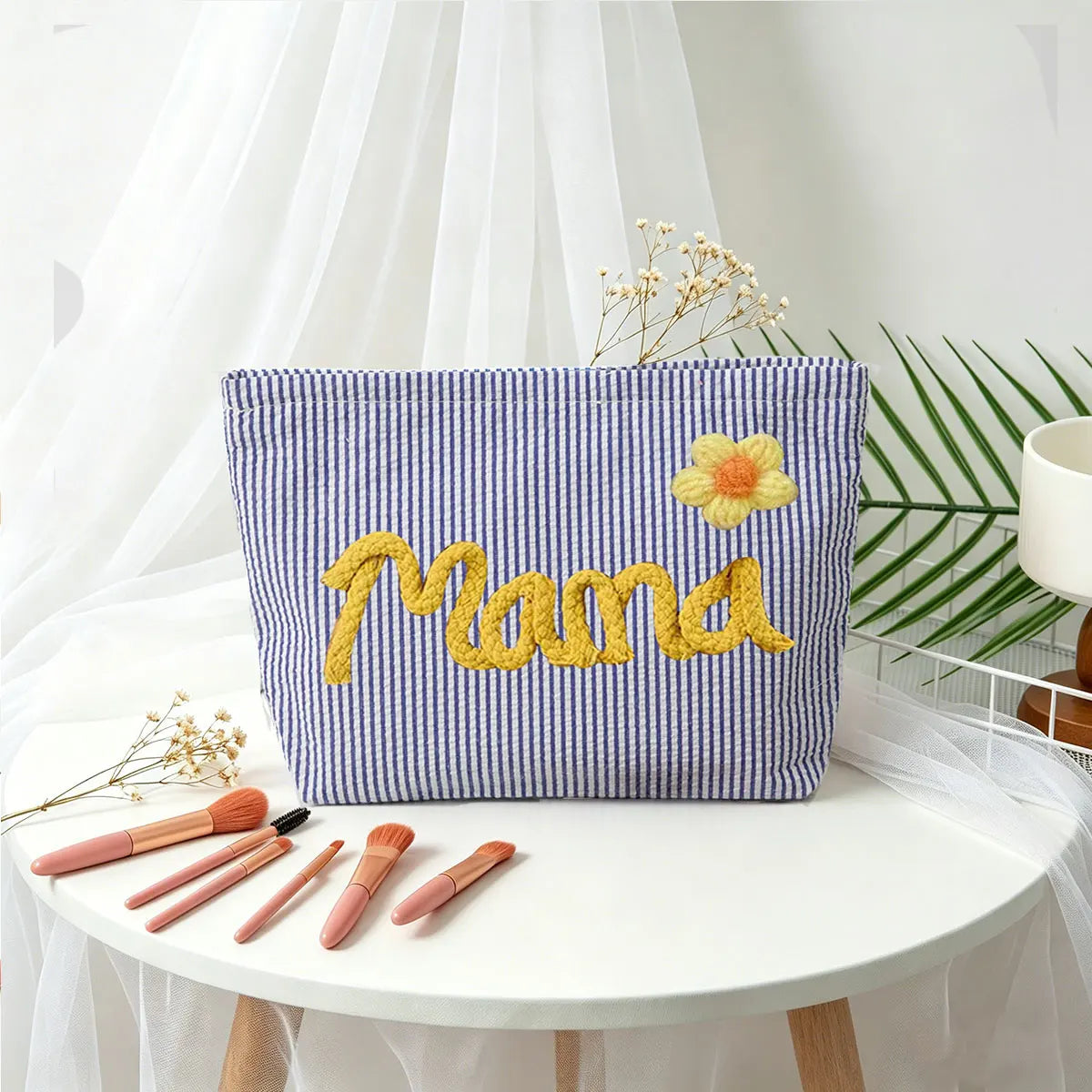 Bolsa de Maquillaje Personalizada de Tela Seersucker, Bolsa de Cosméticos con Nombre Personalizado, Regalo para Damas de Honor, Bolsa de Maquillaje de Viaje, Bolsa de Aseo a Rayas, Playa