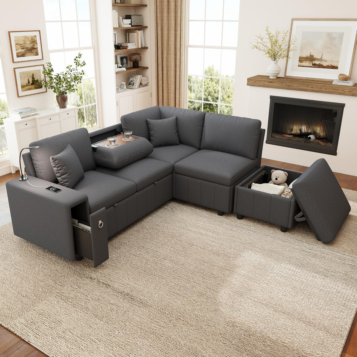 Sapgaks Sofá modular moderno de 6 plazas, con USB y portavasos, sofá de esquina modular muy grande en forma de U/L, con reposapiés extraíble y apoyabrazos con estantería, tela de chenilla, beige
