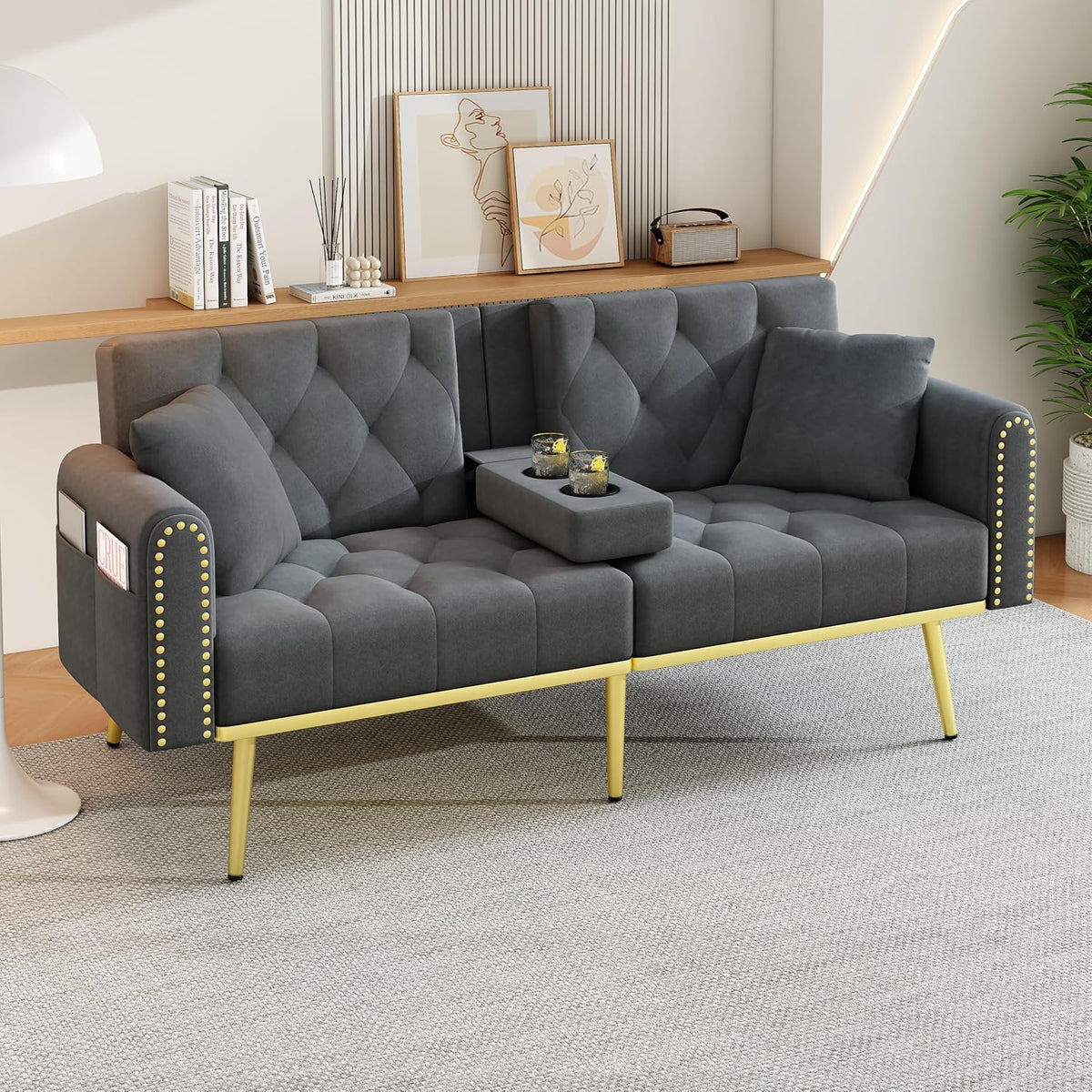 Azkoeesy Sofá cama de 2 plazas con soporte para bebidas, 175 cm, sofá cama con función de dormir, respaldo ajustable en 3 posiciones, patas metálicas doradas y remaches, para sala de estar y cine en