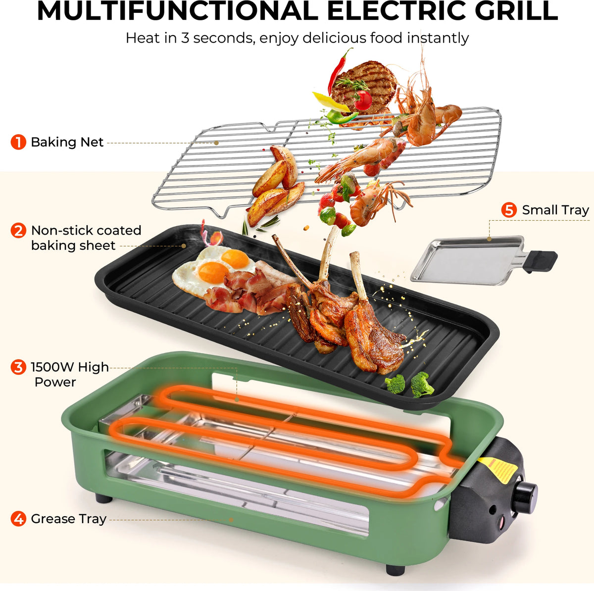 Parrilla eléctrica, parrilla eléctrica sin humo, revestimiento antiadherente, placa/parrilla/bandeja extraíble, adecuada para fiestas familiares y en el comedor de residencia y barbacoas