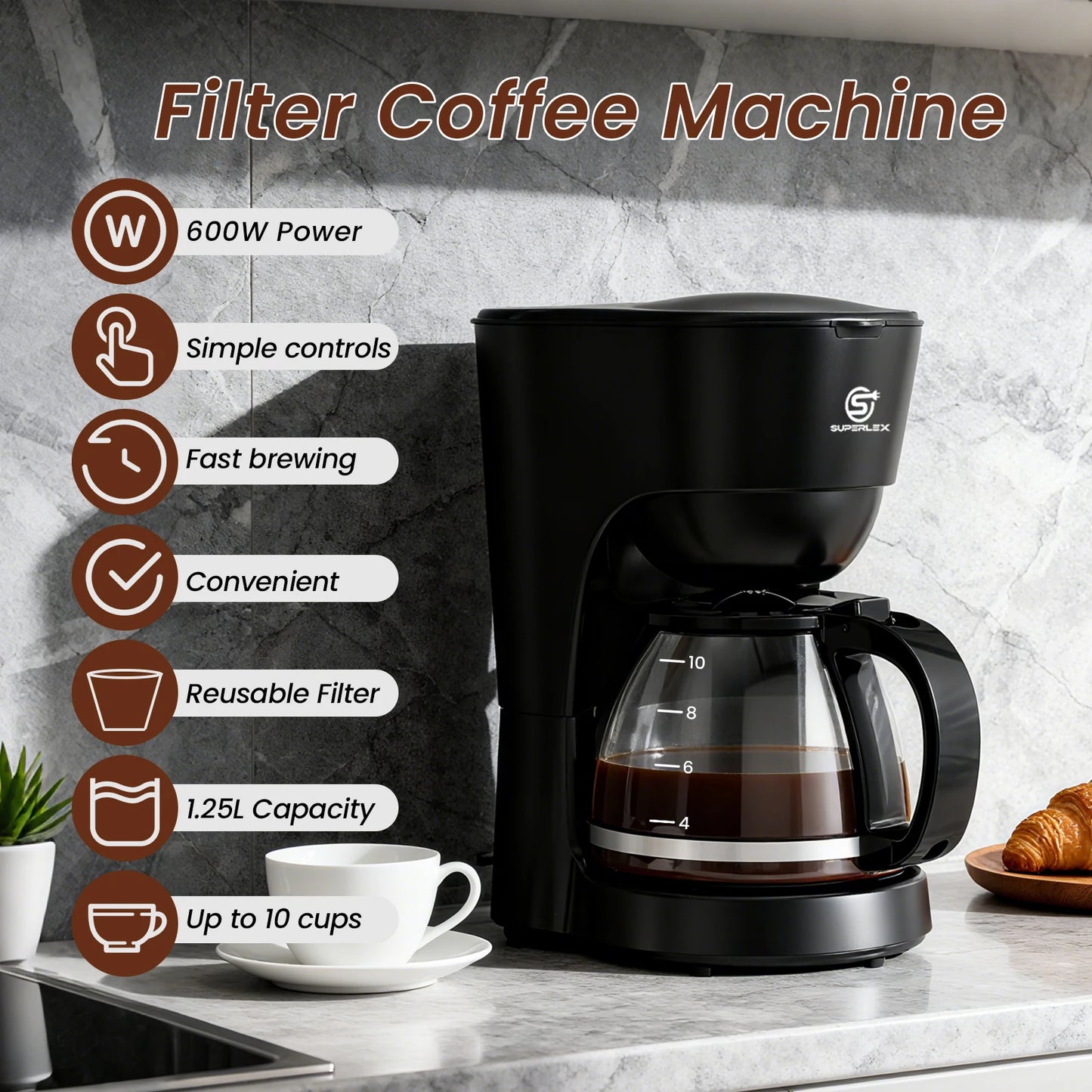 Cafetera Eléctrica de Goteo SUPERLEX de 1.25L, 600W, Estilo Americano, con Ventana de Nivel de Agua y Filtro Reutilizable