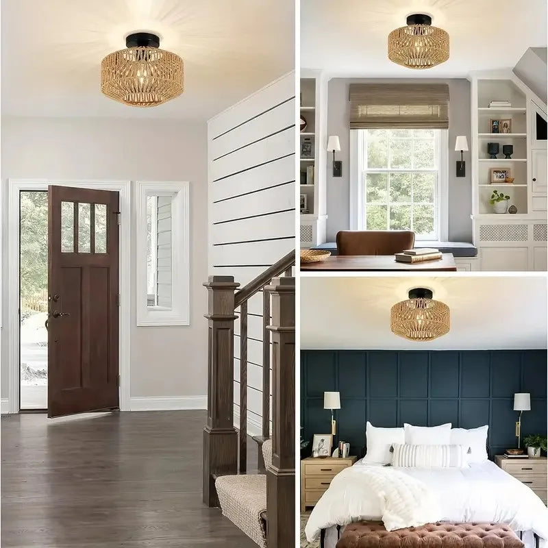 Luces de techo de mimbre, accesorio de iluminación tejido a mano, montaje empotrado para pasillo, dormitorio, cocina, entrada y sala de estar