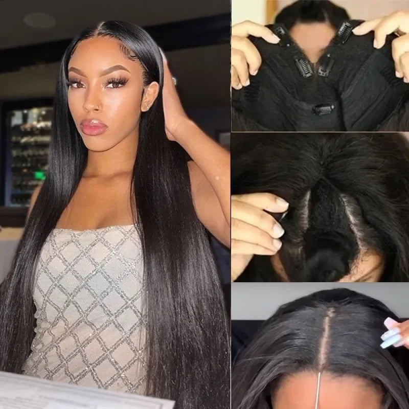 Peluca recta sin pegamento con parte en V, cabello humano brasileño liso con hueso, pelucas de cabello humano para mujeres, parte en V, sin pegamento, 30 y 36 pulgadas
