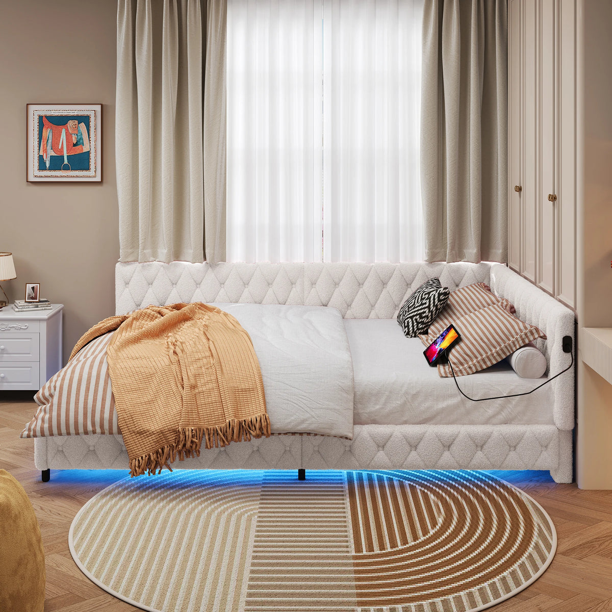 Rosahqnda sofá cama 140*200cm cama tapizada cama multifuncional sin colchón lana de cordero rosa y blanco/Teddy rosa y beige