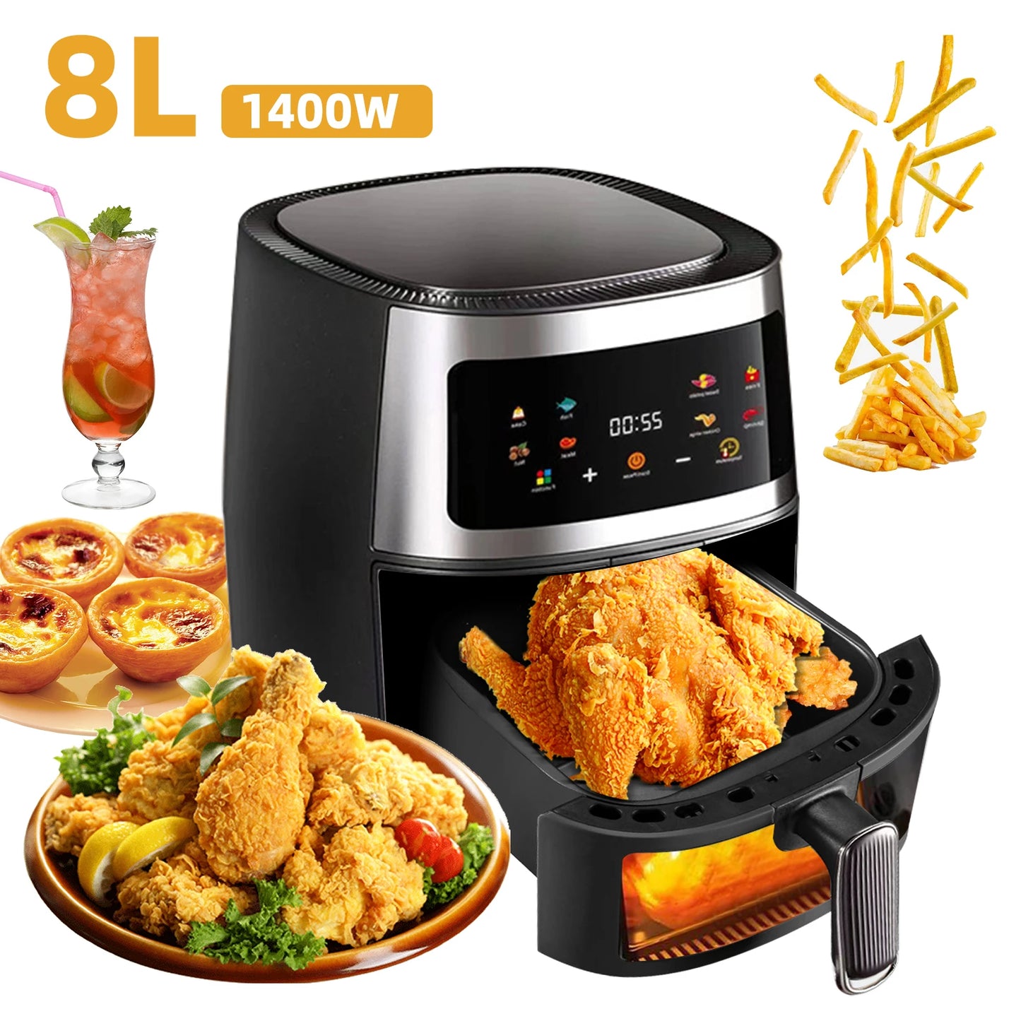 1400W 8L Air Fryer Without Oil House Programmable Smart LED Touch Thermal AirFryer Cycle Booker French Fries chickens