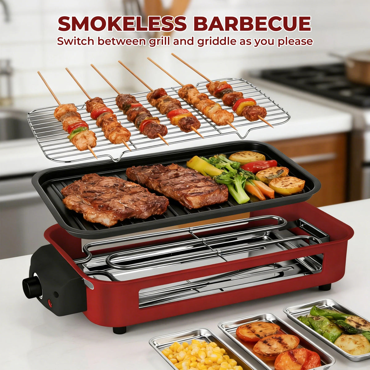 Parrilla eléctrica, parrilla eléctrica sin humo, revestimiento antiadherente, placa/parrilla/bandeja extraíble, adecuada para fiestas familiares y en el comedor de residencia y barbacoas
