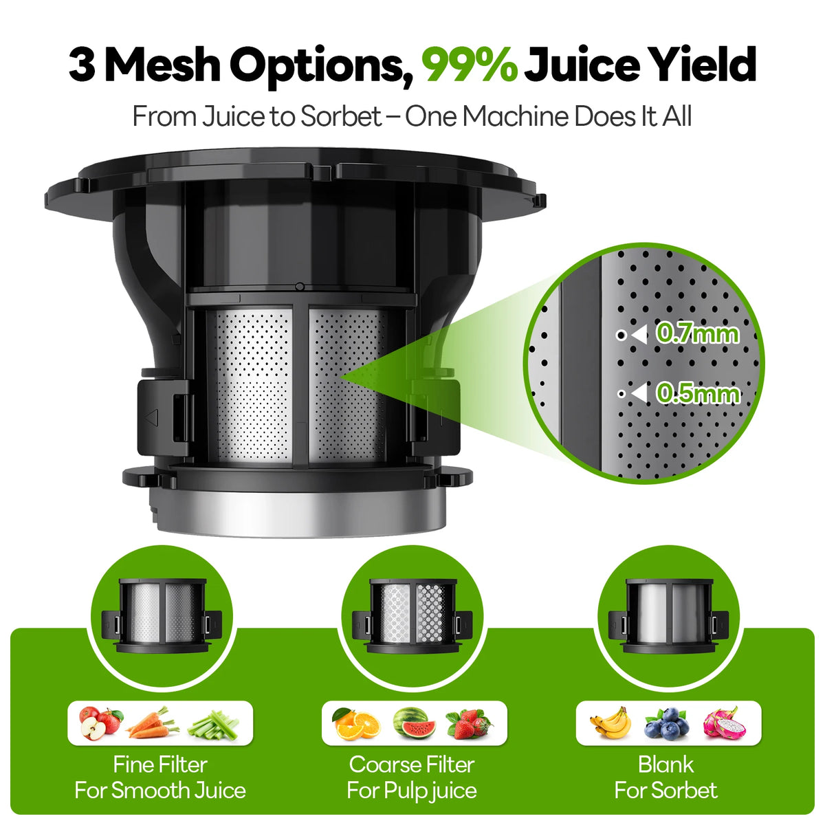 Extractor de Jugos Prensado en Frío con Boca Ancha de 6 Pulgadas, 3 Filtros para Jugos Lisos, Jugos con Pulpa y Sorbetes, Fácil de Limpiar