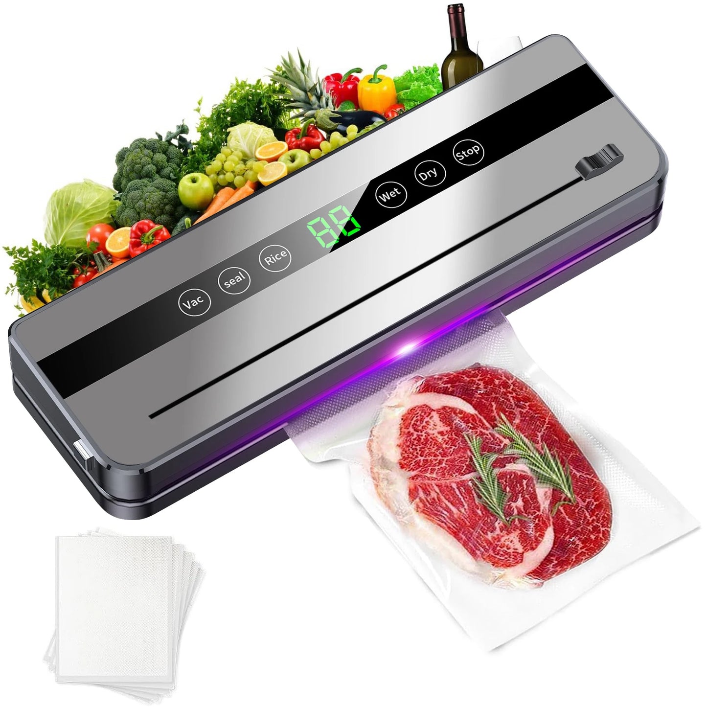 Sellador al vacío eléctrico, cortador incorporado, sello de almacenamiento de alimentos para cocina, botón táctil, tiras de embalaje de sellado de alimentos secos/húmedos, bolsillo sellado