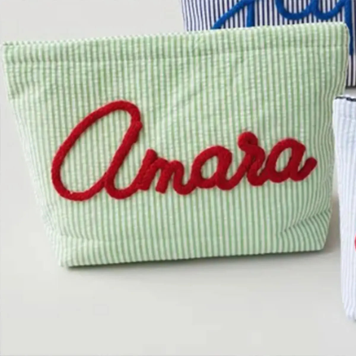 Bolsa de Maquillaje Personalizada de Tela Seersucker, Bolsa de Cosméticos con Nombre Personalizado, Regalo para Damas de Honor, Bolsa de Maquillaje de Viaje, Bolsa de Aseo a Rayas, Playa
