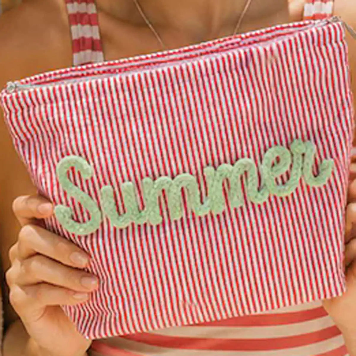 Bolsa de Maquillaje Personalizada de Tela Seersucker, Bolsa de Cosméticos con Nombre Personalizado, Regalo para Damas de Honor, Bolsa de Maquillaje de Viaje, Bolsa de Aseo a Rayas, Playa