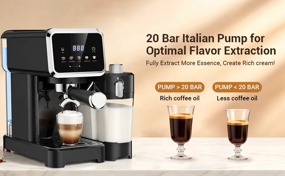 Cafetera Espresso con Pantalla Táctil a Color, Máquina de Cappuccino y Latte de 20 Bares con Espumador de Leche Automático, Cafetera Espresso de Doble Caldera de Acero Inoxidable para el Hogar, 1350W