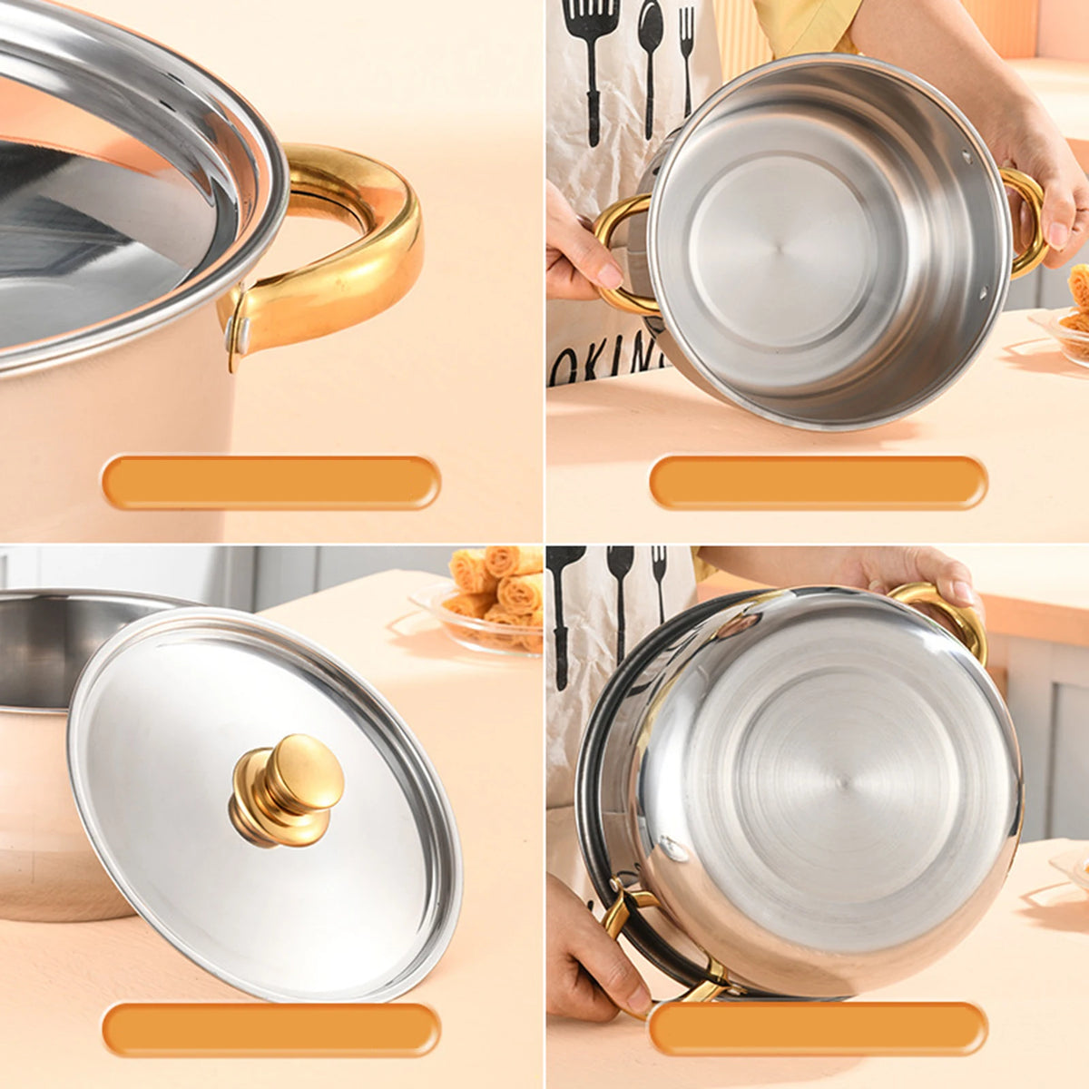 Juego de 4 Ollas de Acero Inoxidable con Tapa, Utensilios de Cocina, Olla para Sopa