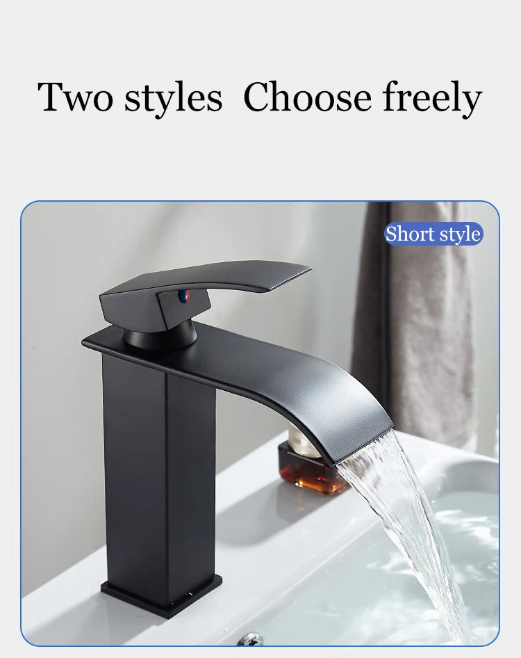 Lavabo cascada para el hogar, grifo alto y bajo de acero inoxidable, lavabo negro para inodoro frío y caliente, Baño