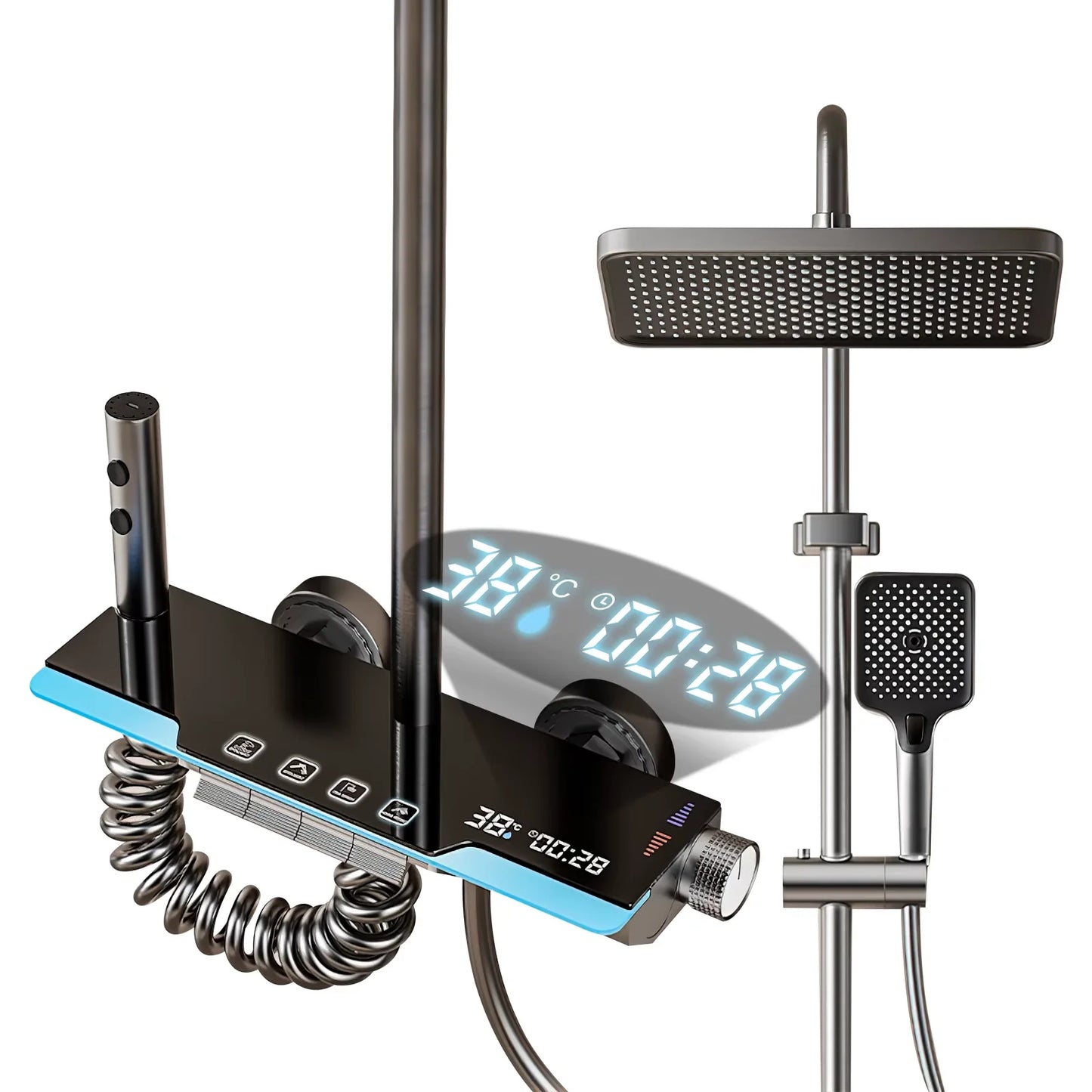 Juego de grifería de ducha de baño con teclas de Piano grises, múltiples modos de pulverización de agua, sistema de ducha con función de 4 tipos de pantalla Digital