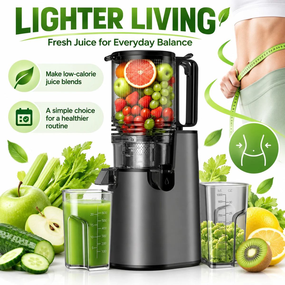 Extractor de jugo de masticación lenta con tolva de alimentación grande de 5,4", máquinas de extractor de jugo de prensado en frío de 350 W para frutas y verduras enteras, extractor de jugo silencioso de 50 RPM, fácil de