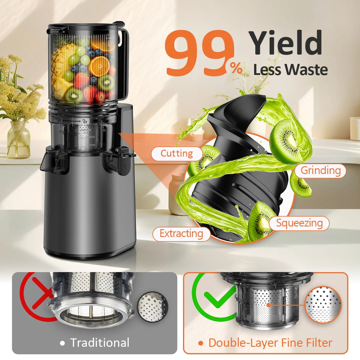 Extractor de jugo de masticación lenta con tolva de alimentación grande de 5,4", máquinas de extractor de jugo de prensado en frío de 350 W para frutas y verduras enteras, extractor de jugo silencioso de 50 RPM, fácil de
