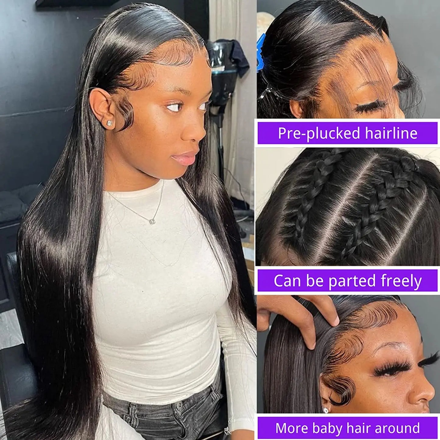 Peluca Frontal de encaje HD de 220 de densidad, pelucas de cabello humano liso de hueso, peluca de pelo de bebé suave Frontal transparente HD 13x4 13x6 pulgadas
