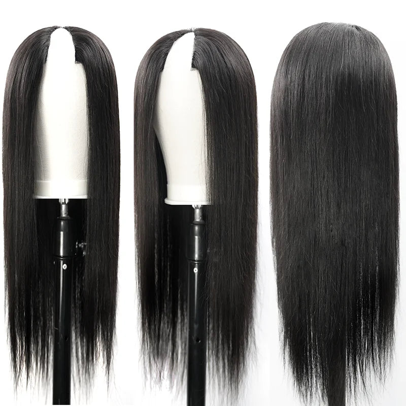 Peluca recta sin pegamento con parte en V, cabello humano brasileño liso con hueso, pelucas de cabello humano para mujeres, parte en V, sin pegamento, 30 y 36 pulgadas