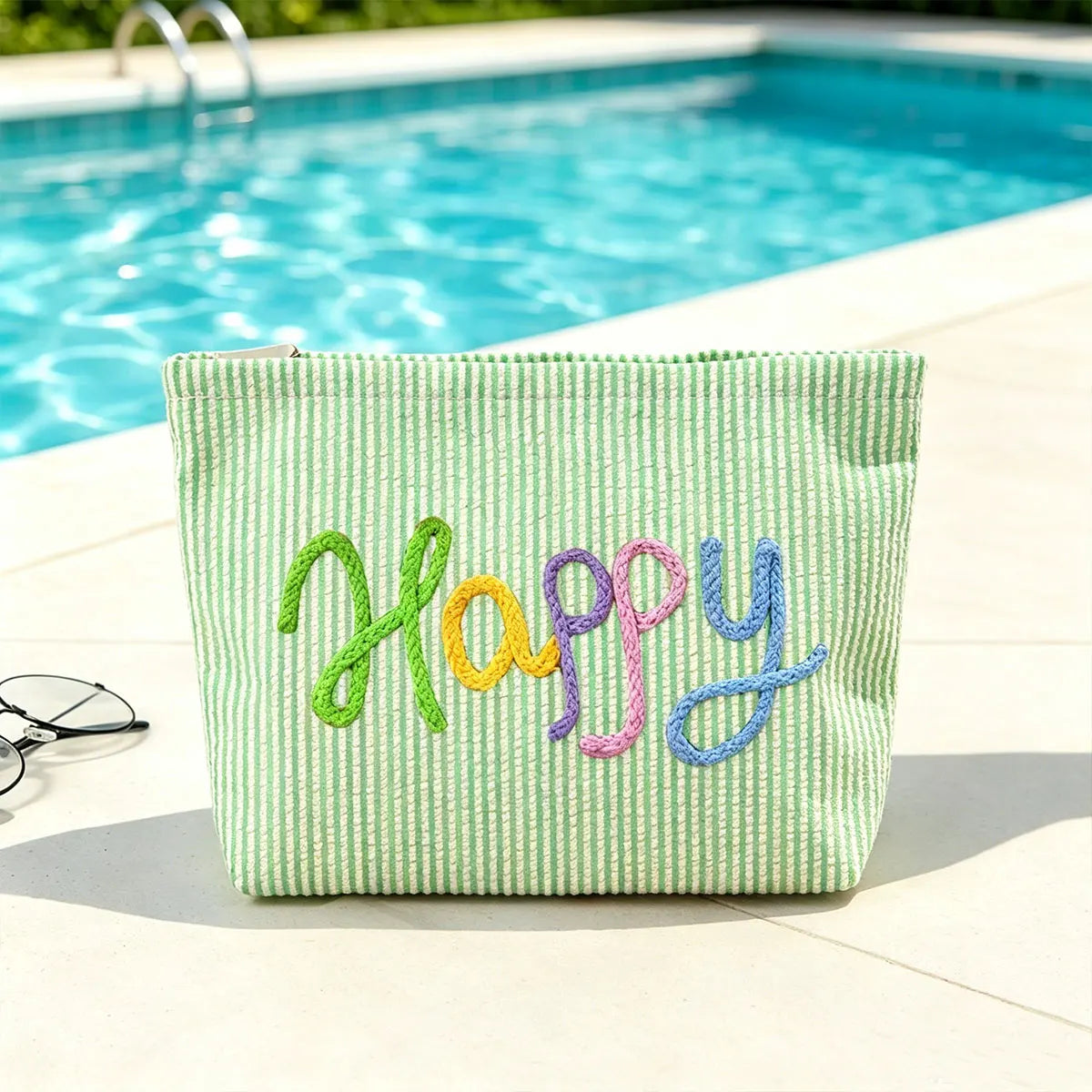 Bolsa de Maquillaje Personalizada de Tela Seersucker, Bolsa de Cosméticos con Nombre Personalizado, Regalo para Damas de Honor, Bolsa de Maquillaje de Viaje, Bolsa de Aseo a Rayas, Playa