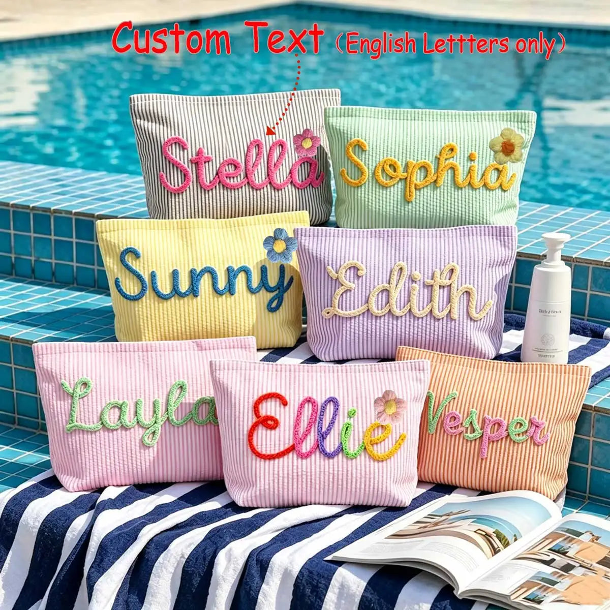 Bolsa de Maquillaje Personalizada de Tela Seersucker, Bolsa de Cosméticos con Nombre Personalizado, Regalo para Damas de Honor, Bolsa de Maquillaje de Viaje, Bolsa de Aseo a Rayas, Playa