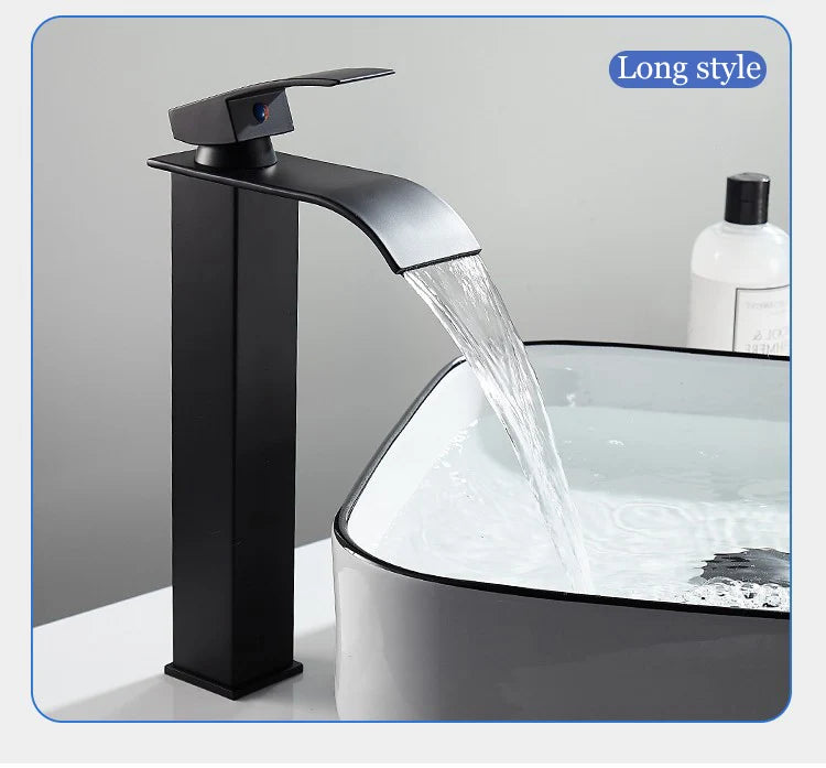 Lavabo cascada para el hogar, grifo alto y bajo de acero inoxidable, lavabo negro para inodoro frío y caliente, Baño