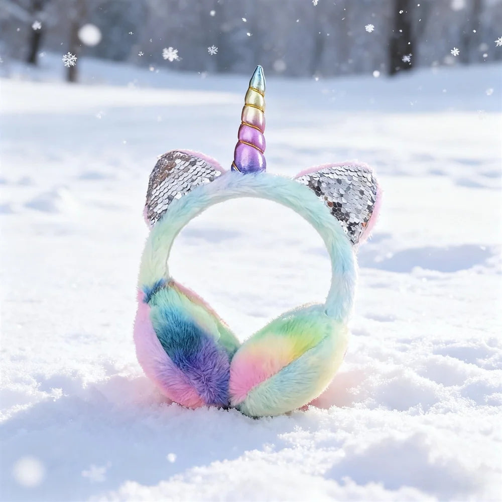 Orejeras de unicornio cálidas de felpa suave para otoño e invierno, orejeras de gato con lentejuelas teñidas anudadas, protege las orejas del frío, regalos de navidad
