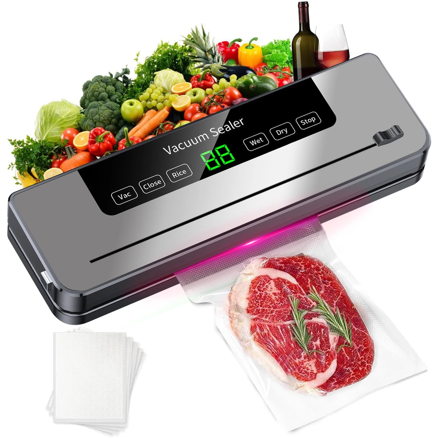 Sellador al vacío eléctrico, cortador incorporado, sello de almacenamiento de alimentos para cocina, botón táctil, tiras de embalaje de sellado de alimentos secos/húmedos, bolsillo sellado