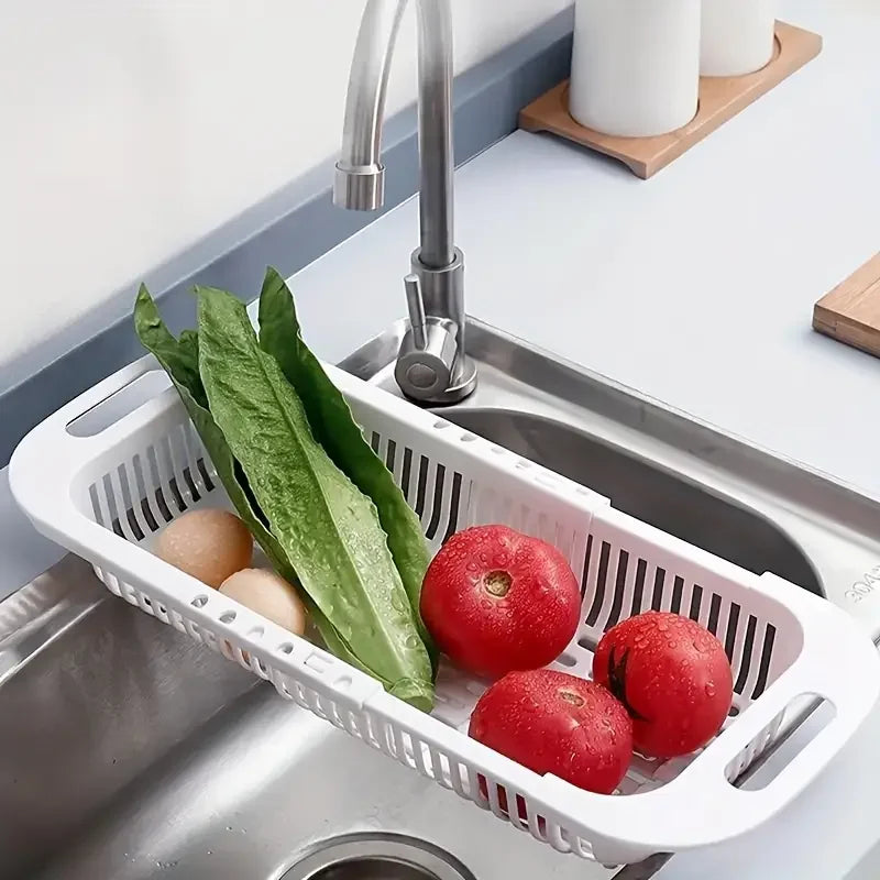 Estante de almacenamiento de cocina, estante para esponja y jabón, escurridor de verduras ajustable, estante para fregadero, herramientas de cocina multifuncionales retráctiles
