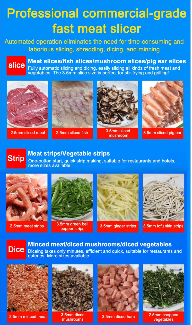 Cortadora de carne eléctrica comercial de acero inoxidable, Cortadora automática de verduras, picadora de carne picada, enchufe europeo y estadounidense