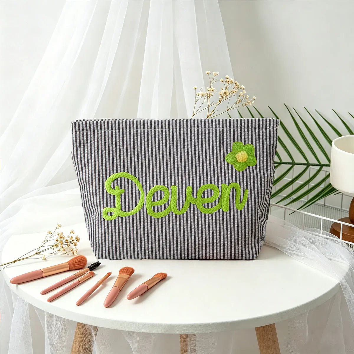 Bolsa de Maquillaje Personalizada de Tela Seersucker, Bolsa de Cosméticos con Nombre Personalizado, Regalo para Damas de Honor, Bolsa de Maquillaje de Viaje, Bolsa de Aseo a Rayas, Playa