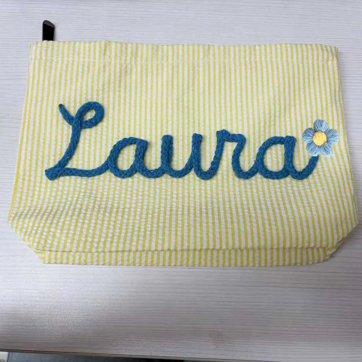 Bolsa de Maquillaje Personalizada de Tela Seersucker, Bolsa de Cosméticos con Nombre Personalizado, Regalo para Damas de Honor, Bolsa de Maquillaje de Viaje, Bolsa de Aseo a Rayas, Playa