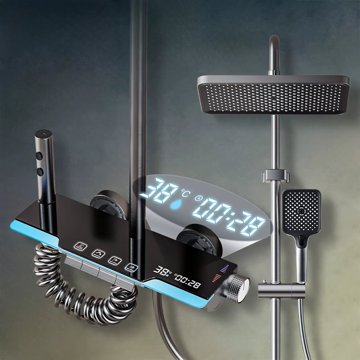 Juego de grifería de ducha de baño con teclas de Piano grises, múltiples modos de pulverización de agua, sistema de ducha con función de 4 tipos de pantalla Digital