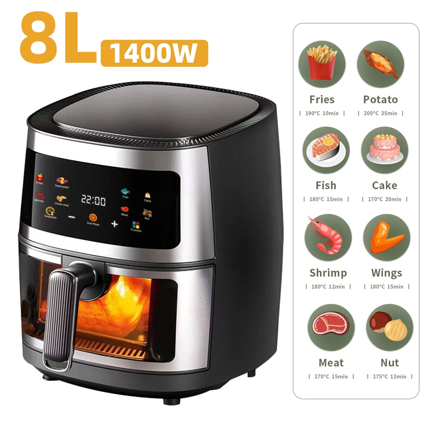1400W 8L Air Fryer Without Oil House Programmable Smart LED Touch Thermal AirFryer Cycle Booker French Fries chickens