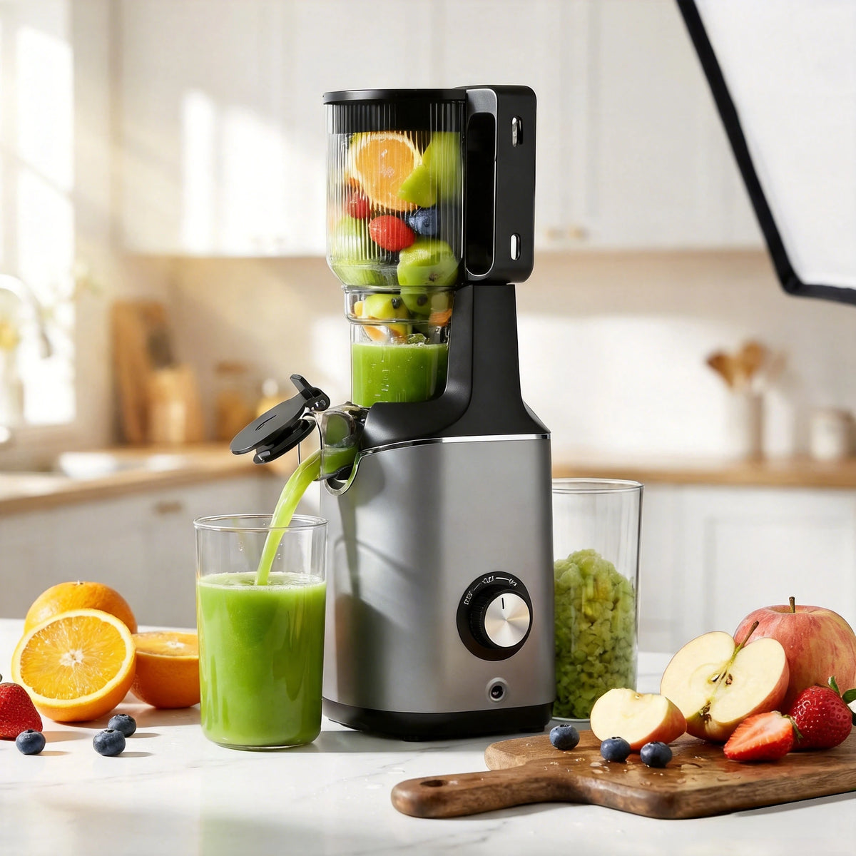 Extractor de Jugos EKOJUCE de Presión en Frío, con Boca de Alimentación de 5.8 Pulgadas, Alto Rendimiento de Jugo, Exprimidor Lento para Vegetales y Frutas Enteros