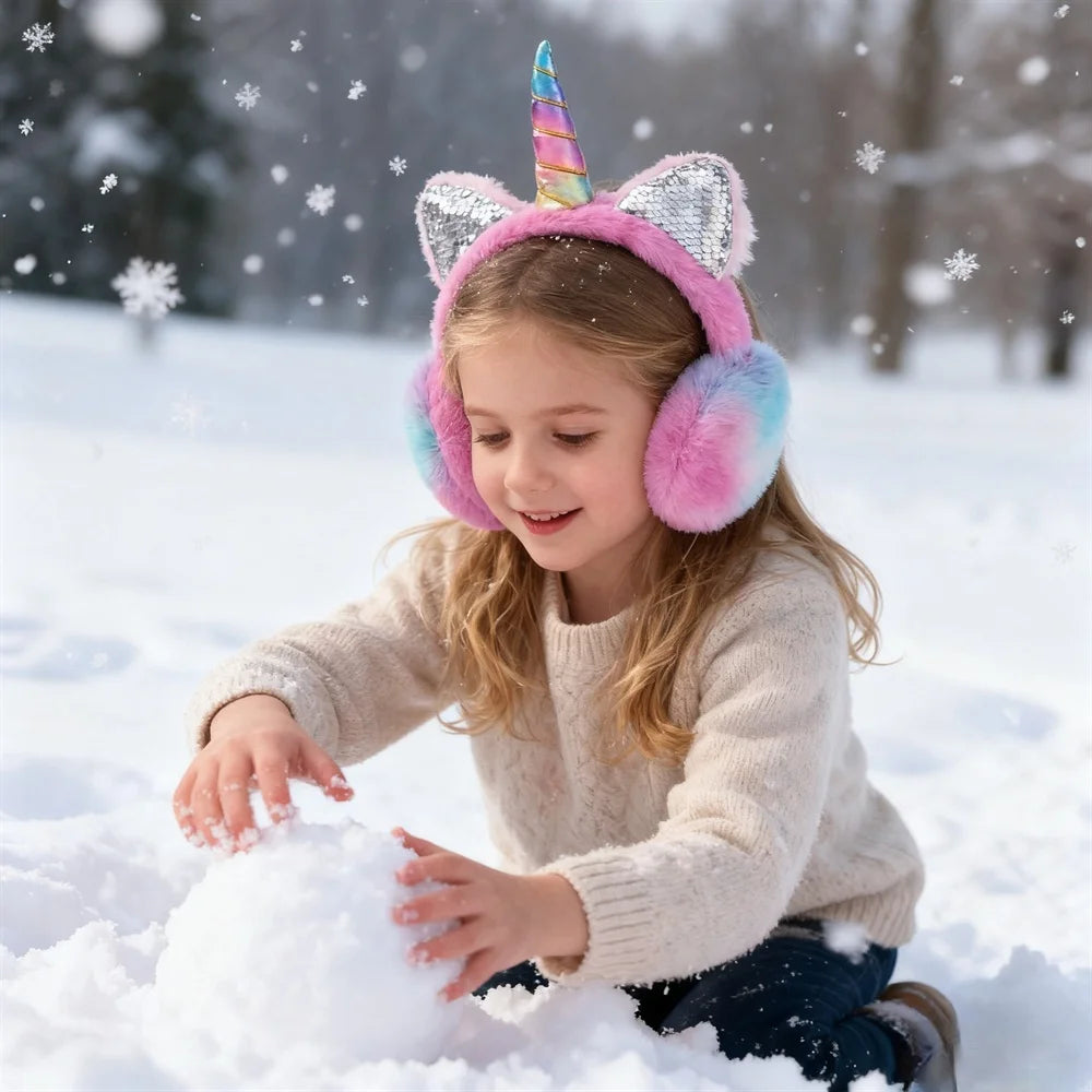 Orejeras de unicornio cálidas de felpa suave para otoño e invierno, orejeras de gato con lentejuelas teñidas anudadas, protege las orejas del frío, regalos de navidad
