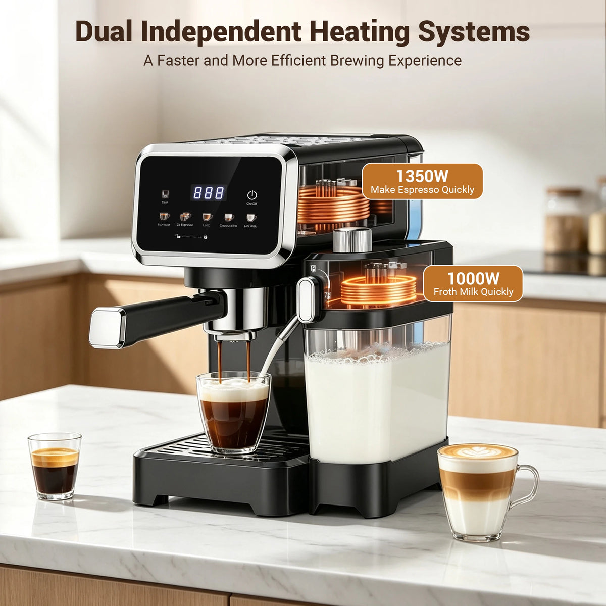 Cafetera Espresso con Pantalla Táctil a Color, Máquina de Cappuccino y Latte de 20 Bares con Espumador de Leche Automático, Cafetera Espresso de Doble Caldera de Acero Inoxidable para el Hogar, 1350W