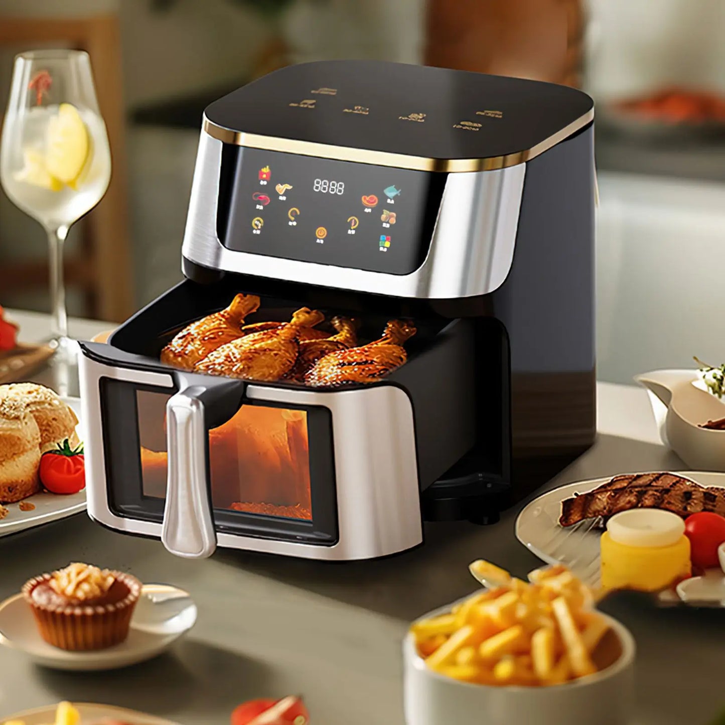 Freidora de aire de gran capacidad de 12L, horno tostador, pantalla táctil LED, accesorios de ventana visuales grandes incluidos, alta circulación de aire caliente