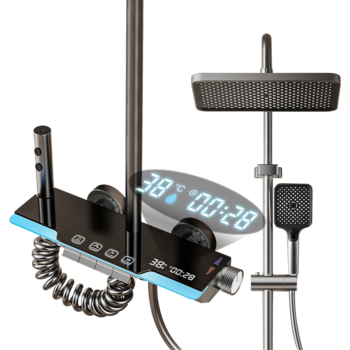 Juego de grifería de ducha de baño con teclas de Piano grises, múltiples modos de pulverización de agua, sistema de ducha con función de 4 tipos de pantalla Digital
