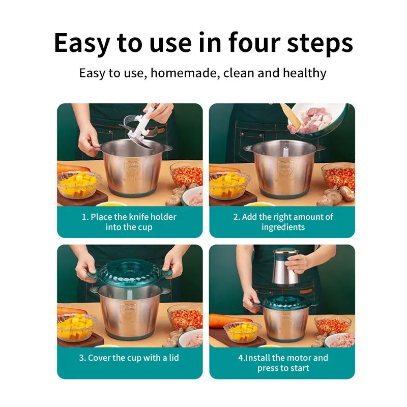 Picadoras de Carne Eléctricas de 2L, Trituradora de Alimentos de Acero Inoxidable, Procesador Multifuncional de Verduras, Picadora, Licuadoras de Cocina
