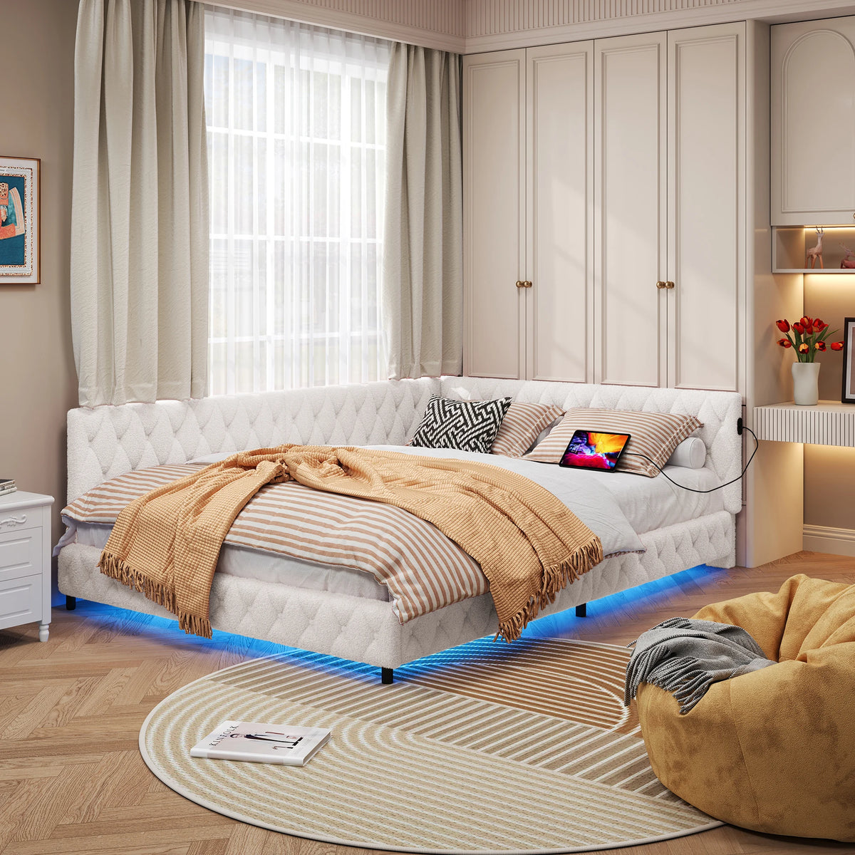 Rosahqnda sofá cama 140*200cm cama tapizada cama multifuncional sin colchón lana de cordero rosa y blanco/Teddy rosa y beige
