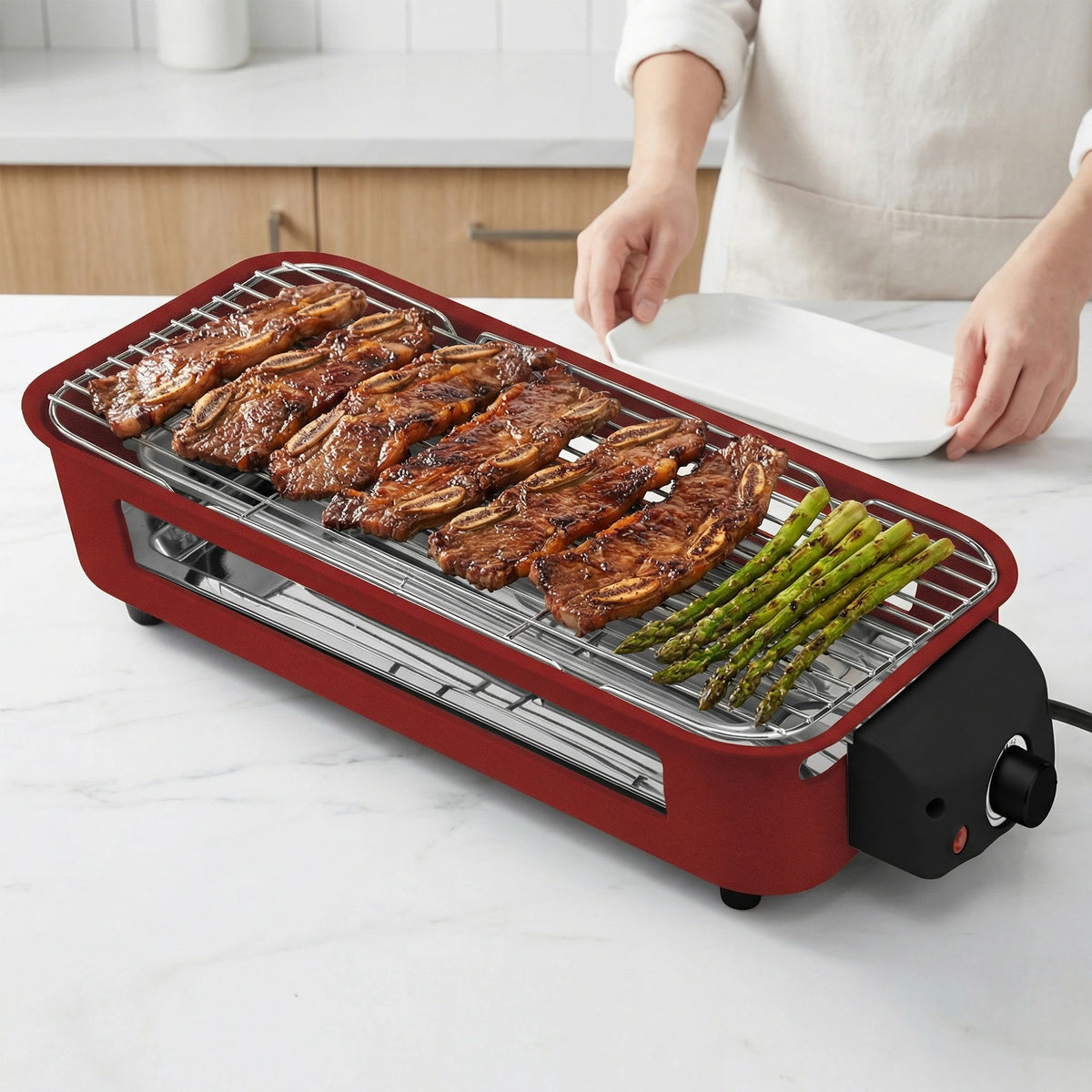 Parrilla eléctrica, parrilla eléctrica sin humo, revestimiento antiadherente, placa/parrilla/bandeja extraíble, adecuada para fiestas familiares y en el comedor de residencia y barbacoas