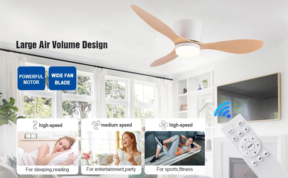 IRALAN Ventilador de techo con luz, opción de 6 velocidades, motor CC reversible de 3CCT con control remoto, susurro, fácil instalación, negro/blanco/madera
