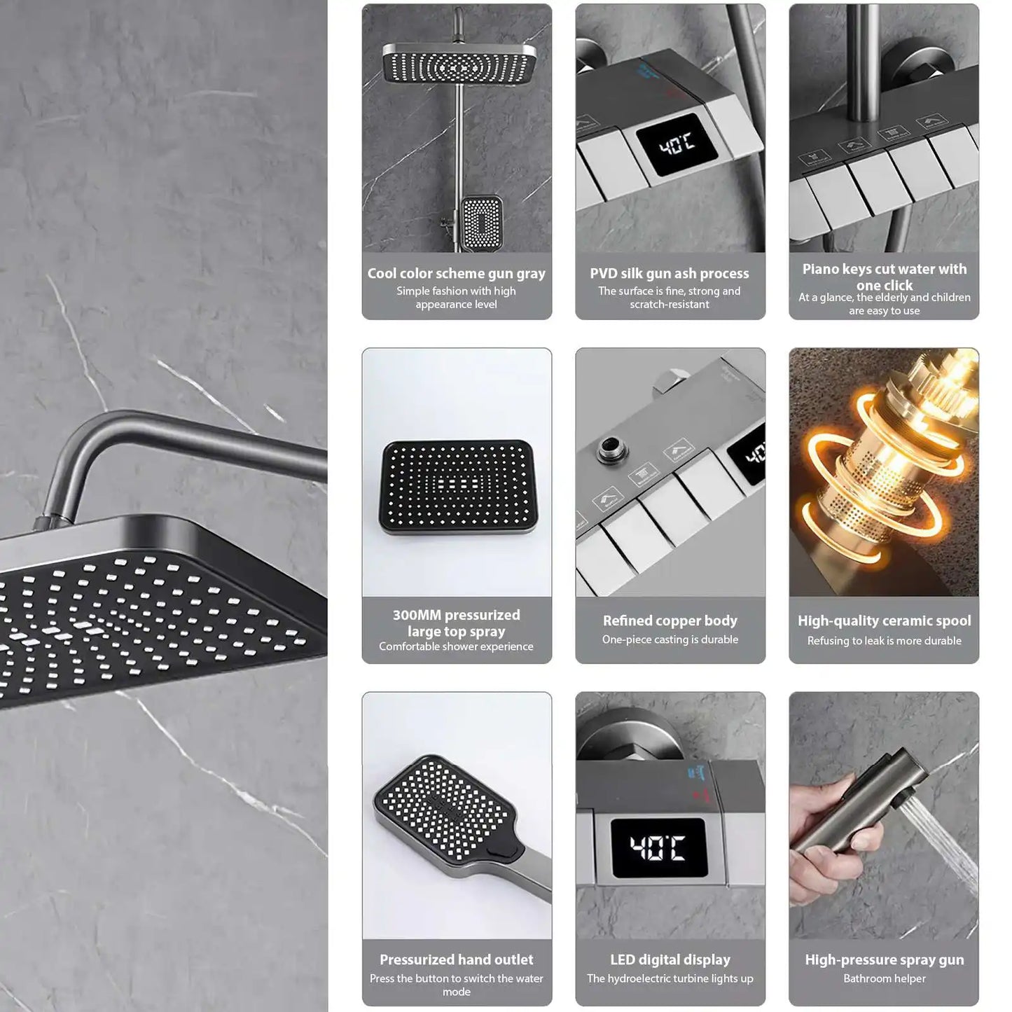 Sistema de grifería para ducha de baño con pantalla digital, mezclador de cobre y cabezal de ducha de alta presión