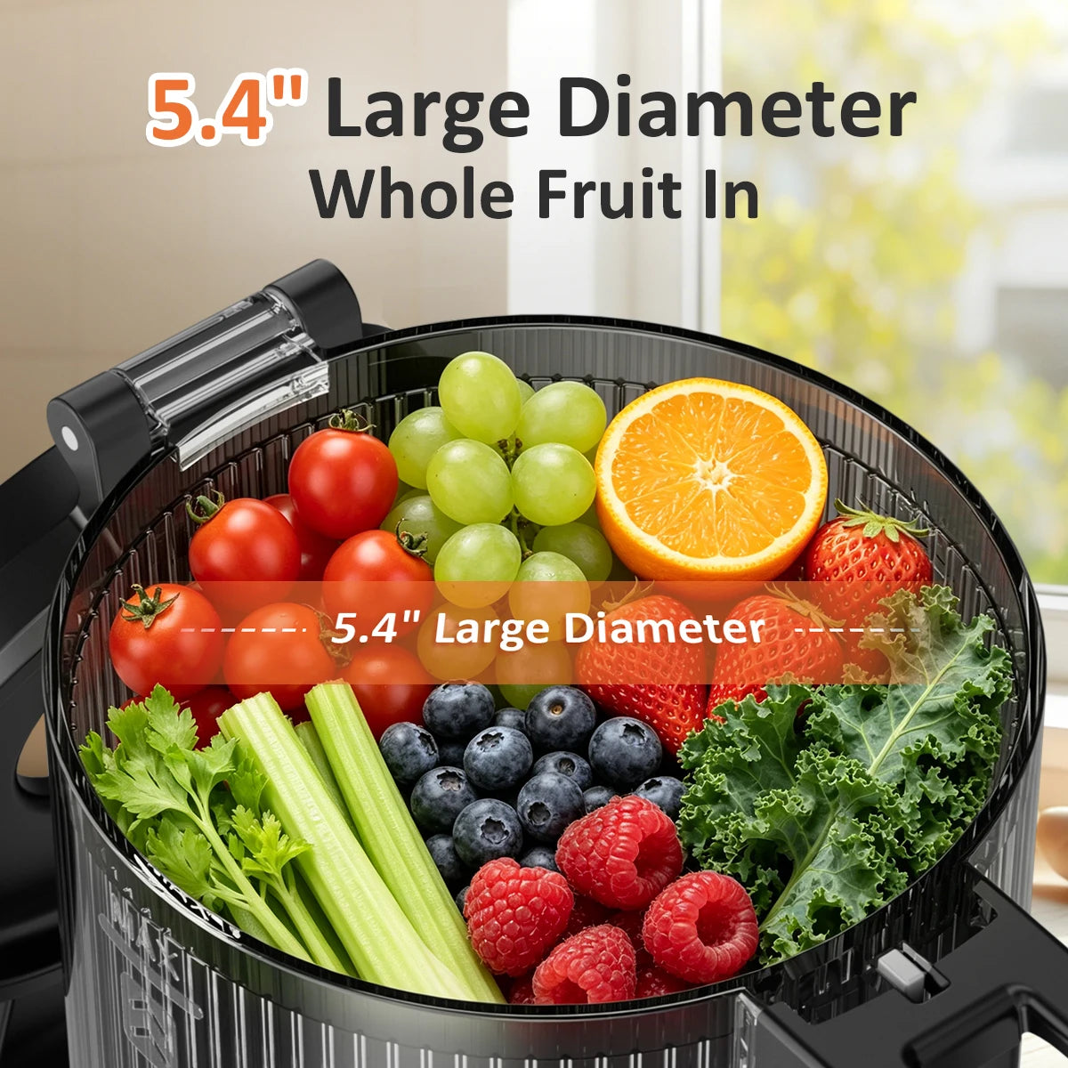 Extractor de jugo de masticación lenta con tolva de alimentación grande de 5,4", máquinas de extractor de jugo de prensado en frío de 350 W para frutas y verduras enteras, extractor de jugo silencioso de 50 RPM, fácil de