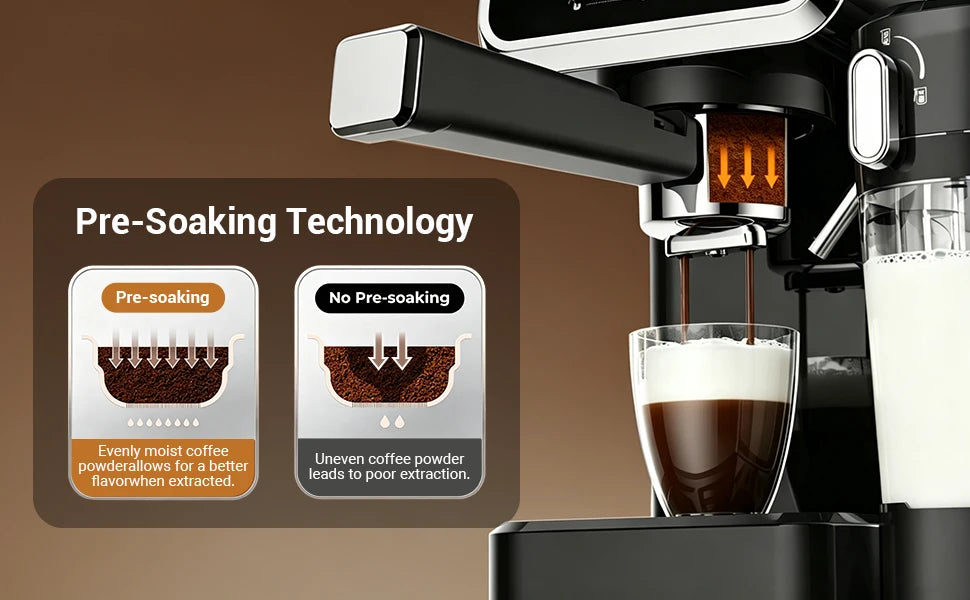 Cafetera Espresso con Pantalla Táctil a Color, Máquina de Cappuccino y Latte de 20 Bares con Espumador de Leche Automático, Cafetera Espresso de Doble Caldera de Acero Inoxidable para el Hogar, 1350W