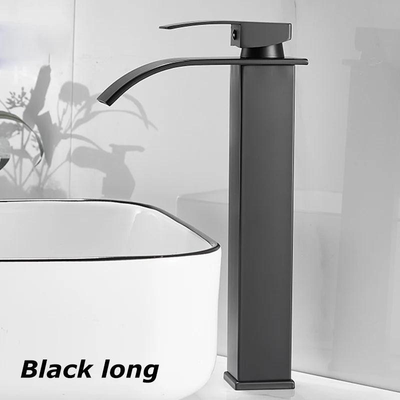 Lavabo cascada para el hogar, grifo alto y bajo de acero inoxidable, lavabo negro para inodoro frío y caliente, Baño