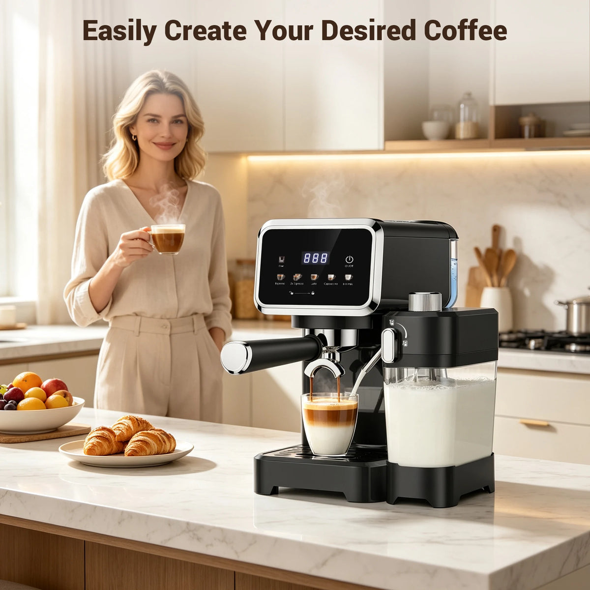 Cafetera Espresso con Pantalla Táctil a Color, Máquina de Cappuccino y Latte de 20 Bares con Espumador de Leche Automático, Cafetera Espresso de Doble Caldera de Acero Inoxidable para el Hogar, 1350W