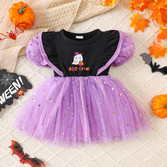Baby Princess Dress Black and Purple Spliced Sequin Tulle Cartoon Halloween Mixed Batch Girls Short Sleeve Dress