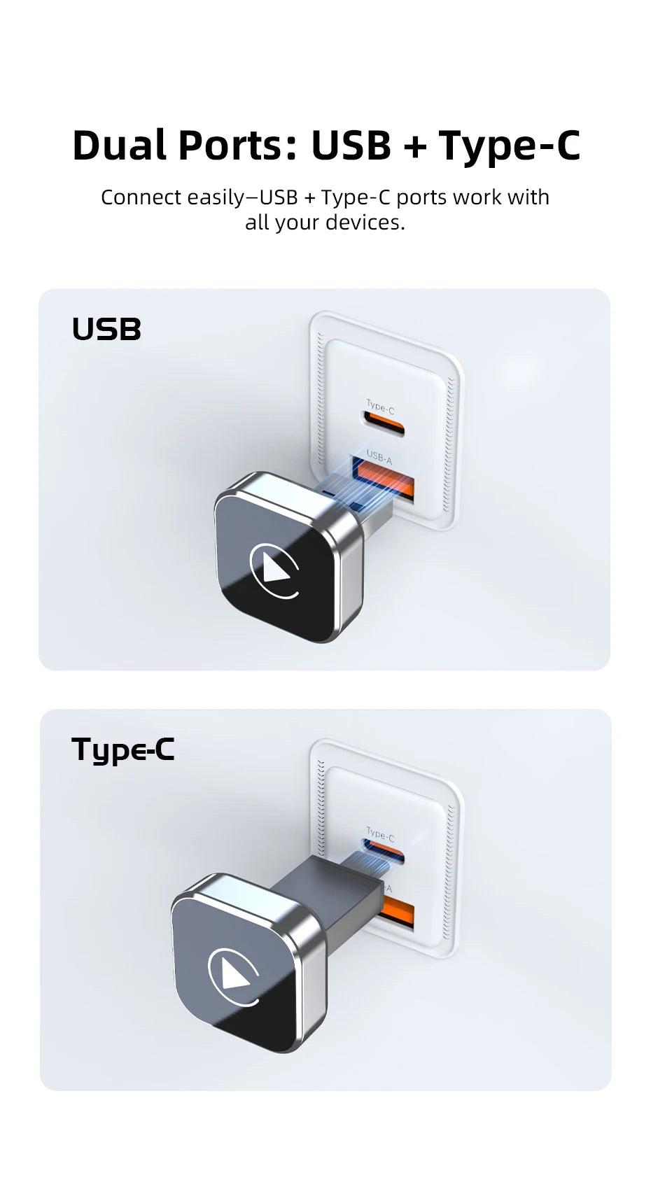 Adaptador Inalámbrico CarPlay 2 en 1, Plug-and-Play para iPhone 6 y Android 11 o superiores, Adaptador para Auto con Puerto USB/USB-C, Accesorio para Auto